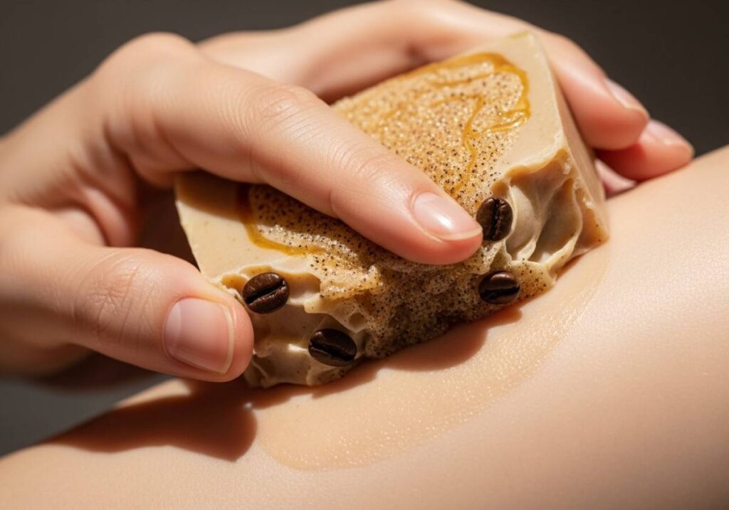 Close-up of coffee exfoliating soap being used for gentle body exfoliation and glow