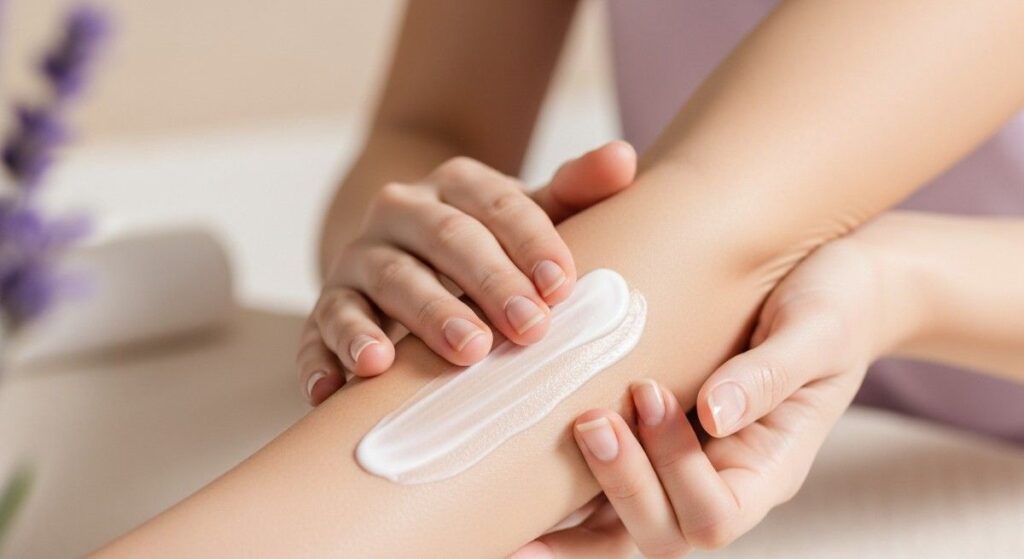 Woman applying lavender body lotion benefits for dry skin, showing smooth, deeply hydrated, and nourished texture