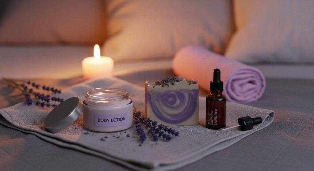 Peaceful nighttime skincare routine featuring lavender skincare products and lavender body lotion benefits for dry skin, creating a relaxing bedtime atmosphere for better sleep