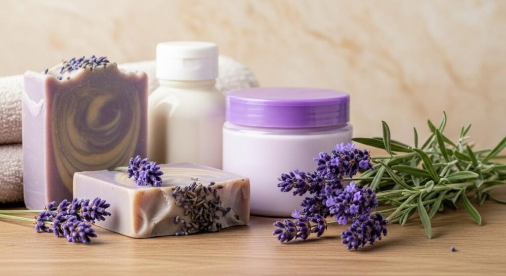 Luxurious lavender skincare products including handmade lavender soap, lavender body lotion benefits for dry skin, and fresh lavender sprigs arranged on a natural spa setting
