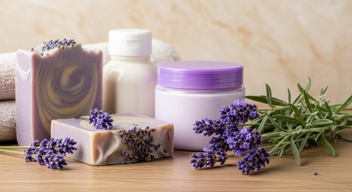 Luxurious lavender skincare products including handmade lavender soap, lavender body lotion benefits for dry skin, and fresh lavender sprigs arranged on a natural spa setting