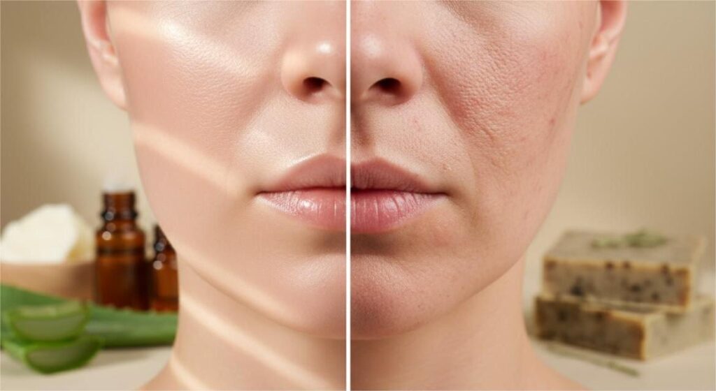 Skin texture transformation showing improved smoothness and even tone from consistent natural skincare routine
