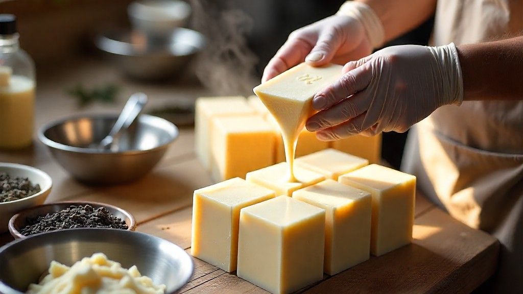 Behind-the-scenes shot of small-batch soap making process with natural ingredients