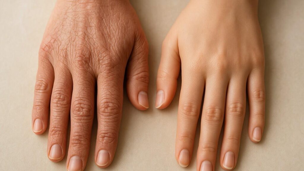 Comparison showing dry cracked hands healing with natural soaps and moisturizing body cream