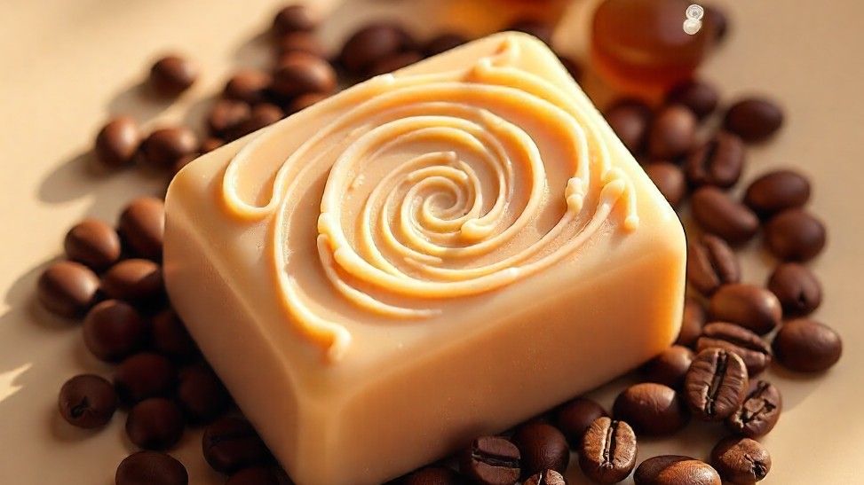 Zrika Bodycare Coffee Caramel Soap displayed elegantly with caramel and coffee beans for luxury handmade skincare