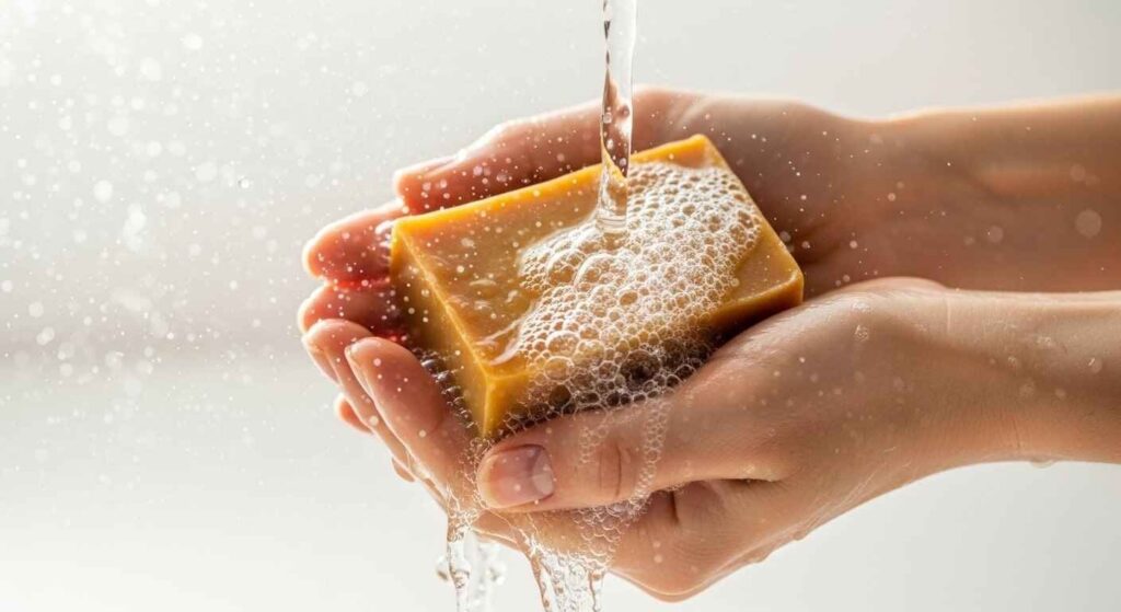Handmade butterscotch soap bar creating rich, creamy lather in hands under running water, showing natural moisturizing properties