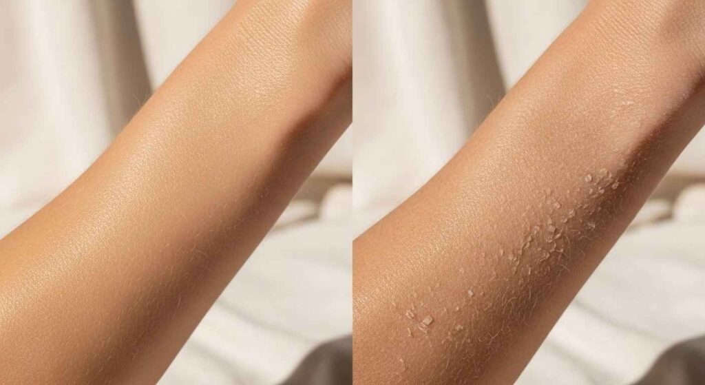 Close-up comparison showing smooth, hydrated skin after using natural butterscotch body cream versus dry, flaky skin from commercial products