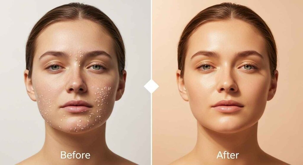 Before and after photos showing visibly glowing, healthy skin after eight weeks of consistent butterscotch skincare routine with handmade soap
