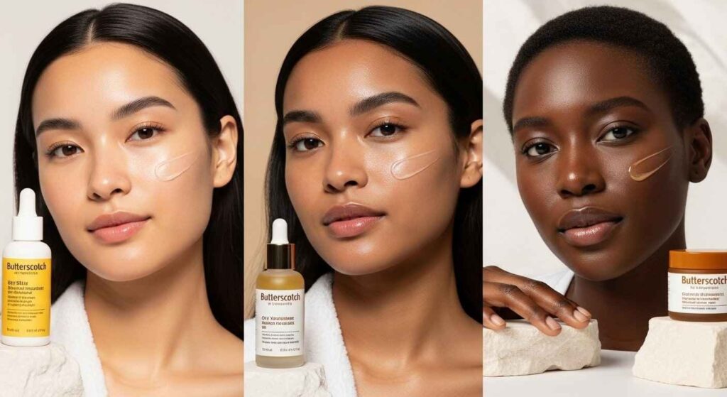 Three different skin types (dry, oily, sensitive) all showing improved texture and radiance after consistent use of butterscotch skincare products