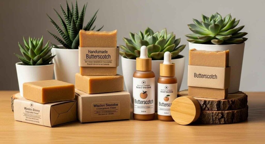 Sustainable packaging of handmade soap bars wrapped in recyclable paper alongside biodegradable butterscotch skincare containers, displayed on wooden surface with green plants