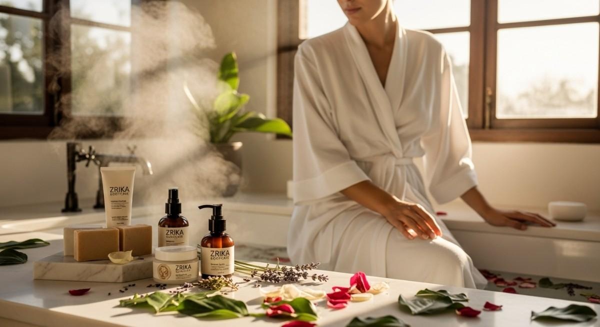 Woman enjoying luxurious natural skincare ritual with Zrika Bodycare premium soaps and body creams showing radiant glowing healthy skin
