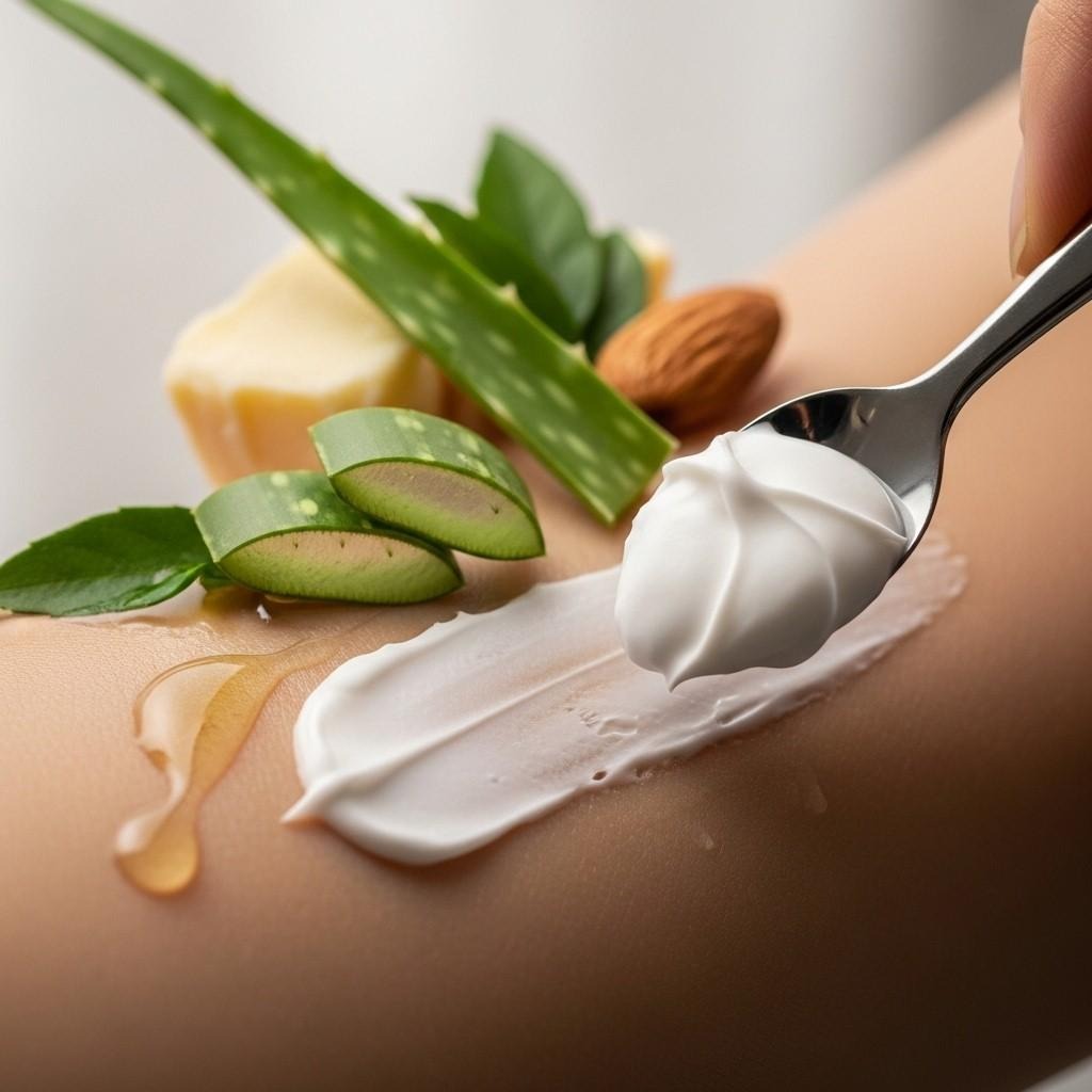 Close-up of premium natural body cream being applied to smooth hydrated skin surrounded by pure botanical ingredients