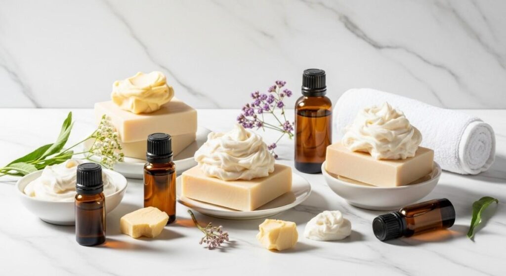 Collection of luxury natural soaps and body creams on marble surface showcasing rich premium textures and botanical ingredients