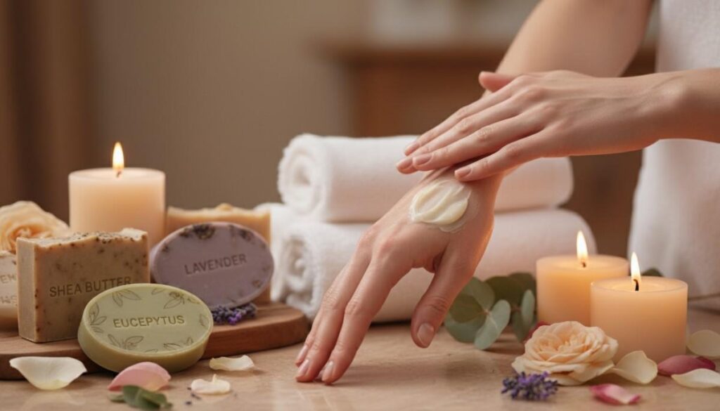 Serene spa-like self-care moment with hands applying Zrika Bodycare natural body cream surrounded by luxury soaps and calming botanicals