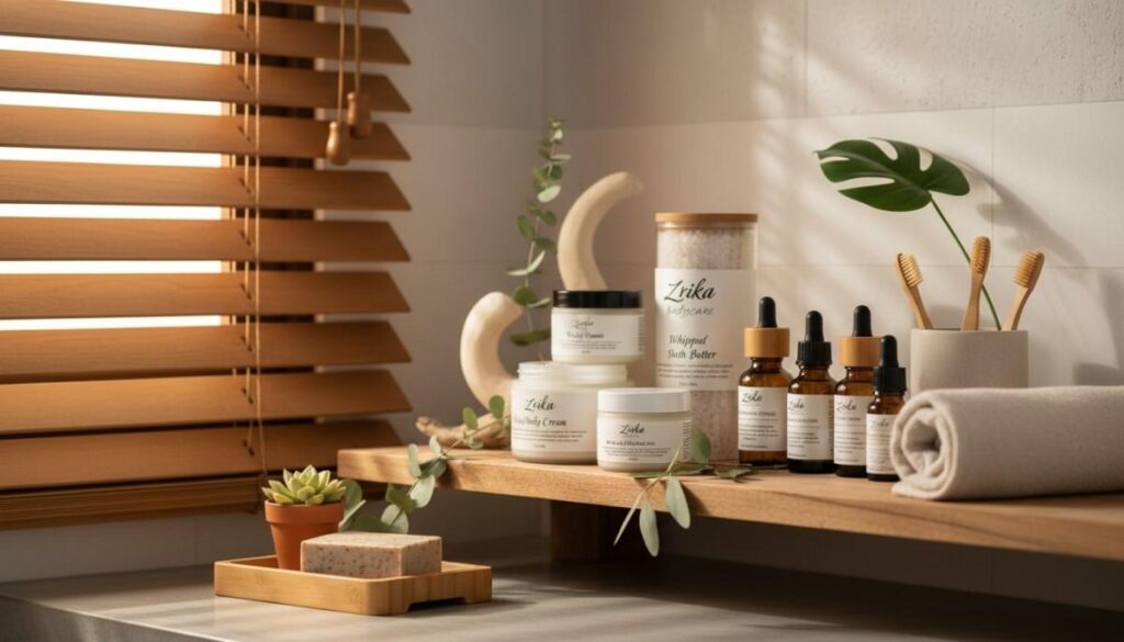 Elegant display of Zrika Bodycare luxury soaps and creams with eco-friendly sustainable packaging emphasizing premium quality and natural ingredients