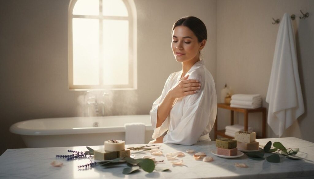 Woman enjoying luxurious bath experience with handmade soaps and natural body cream showcasing soft radiant glowing skin
