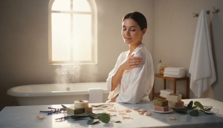Woman enjoying luxurious bath experience with handmade soaps and natural body cream showcasing soft radiant glowing skin