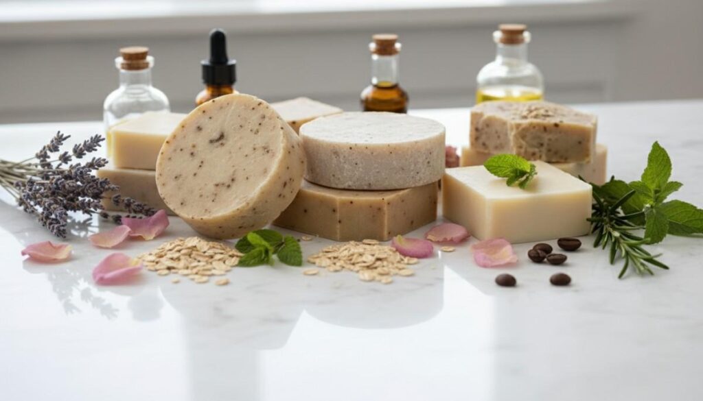 Close-up of handcrafted natural soap bars with herbs flowers and botanical oils highlighting handmade soaps benefits