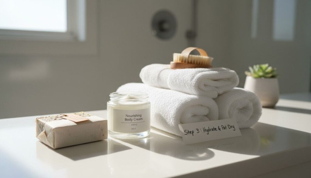 Step-by-step natural skincare routine display featuring handmade soap and body cream for daily wellness ritual