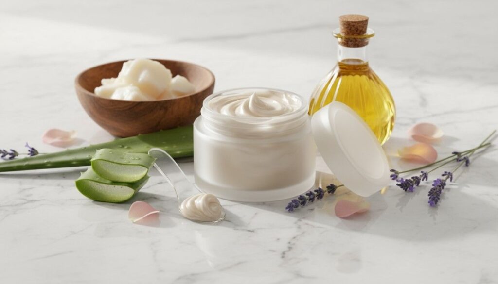 Luxurious natural body cream with creamy texture displayed with botanical ingredients showcasing plant-based bath bar skin wellness