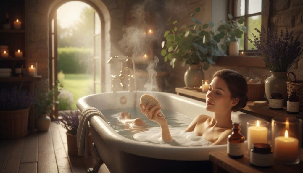 Woman enjoying aromatherapy skincare experience with luxury handmade soap and candles in relaxing spa-like environment