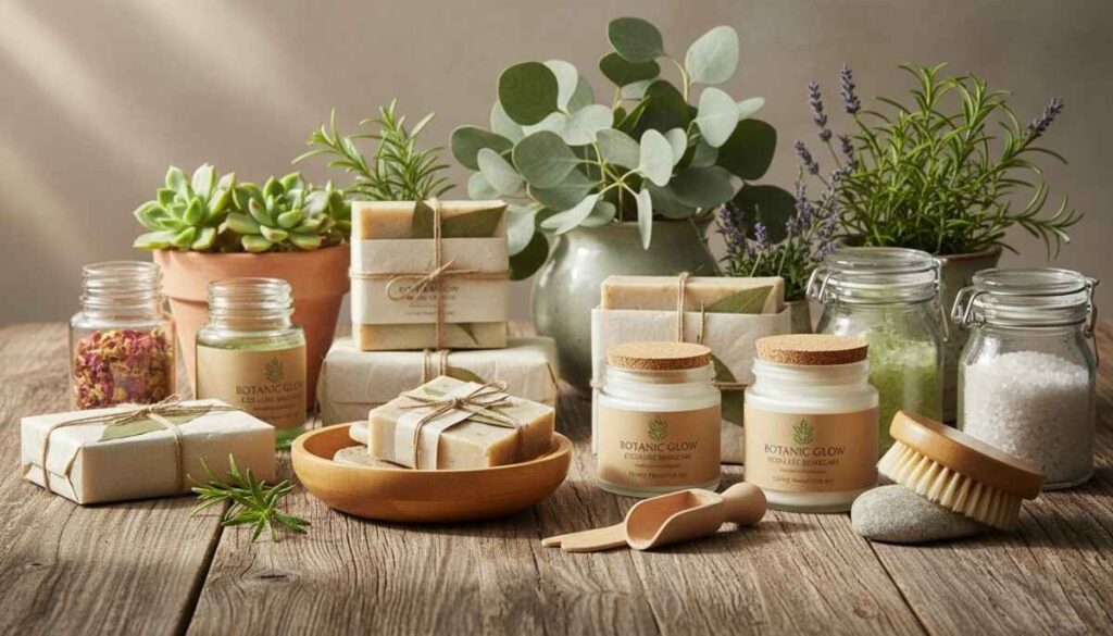 Eco-friendly biodegradable packaging for natural soaps and body creams on natural surfaces representing sustainable luxury skincare