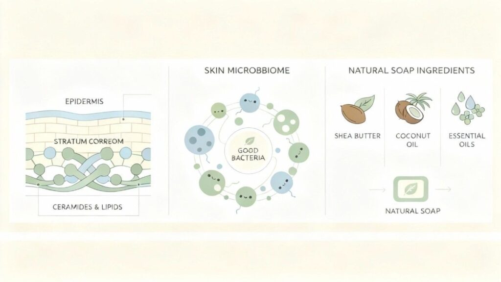 Infographic-style layout showing skin layers, microbiome, and natural ingredients from Zrika Bodycare soaps.