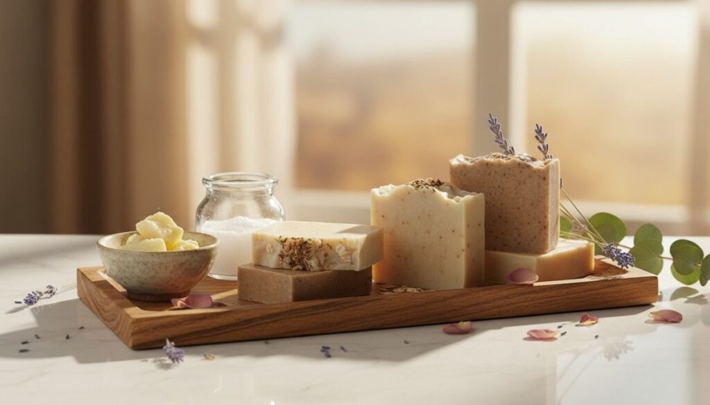 Close-up of Zrika Bodycare soaps, highlighting natural ingredients and gentle textures suitable for all skin types.