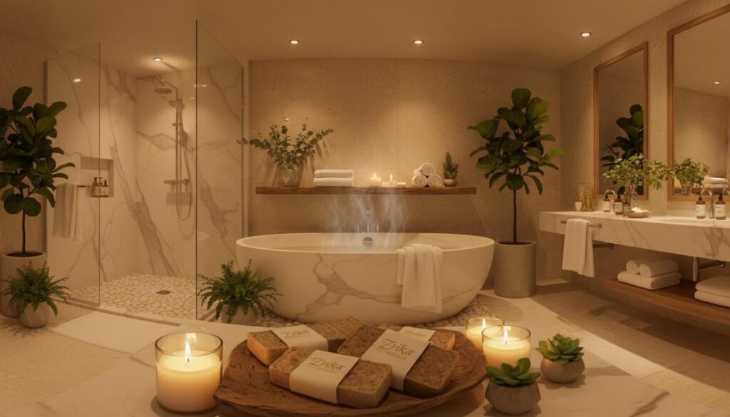 Luxury spa setup with candles towels and Zrika natural soaps capturing the essence of mindful skincare and self-care ritual