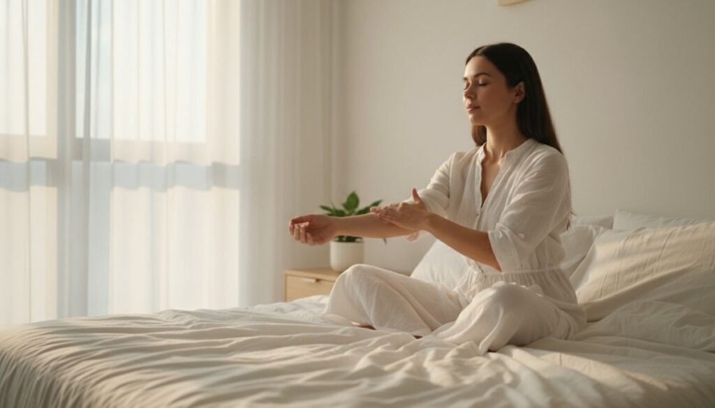 Woman practicing mindful self-care meditation while applying Zrika natural body cream in peaceful morning ritual