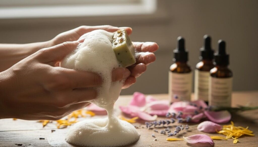 Woman washing hands with handmade Zrika natural soap surrounded by botanical ingredients and flowers for mindful cleansing ritual