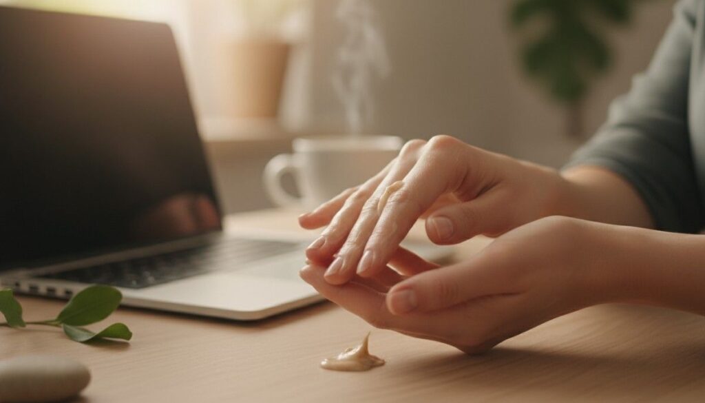 Woman taking mindful work break with hand massage using Zrika natural hand cream for stress relief and self-care
