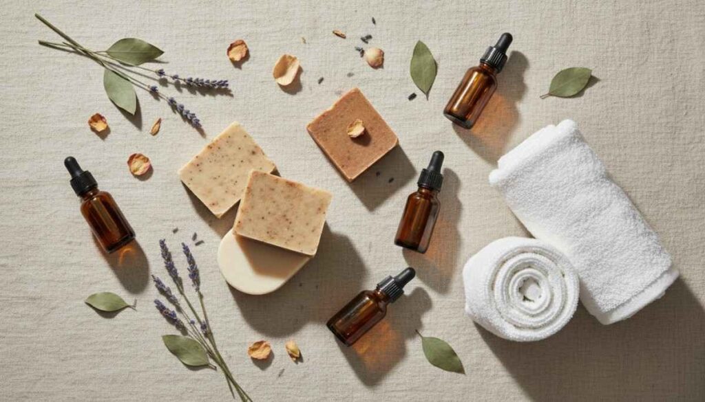 Flat lay of handmade natural soap bars towels and essential oils styled elegantly for holistic beauty rituals and self-care