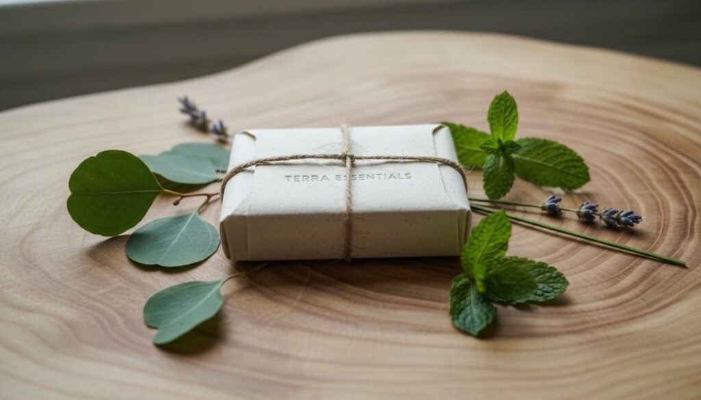 Eco-friendly sustainable soap packaging wrapped in paper with green leaves showing minimal design for conscious self-care