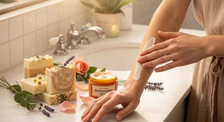 Woman applying luxurious butterscotch body cream to her arms in a sunlit bathroom, surrounded by natural handmade soap bars and botanical ingredients