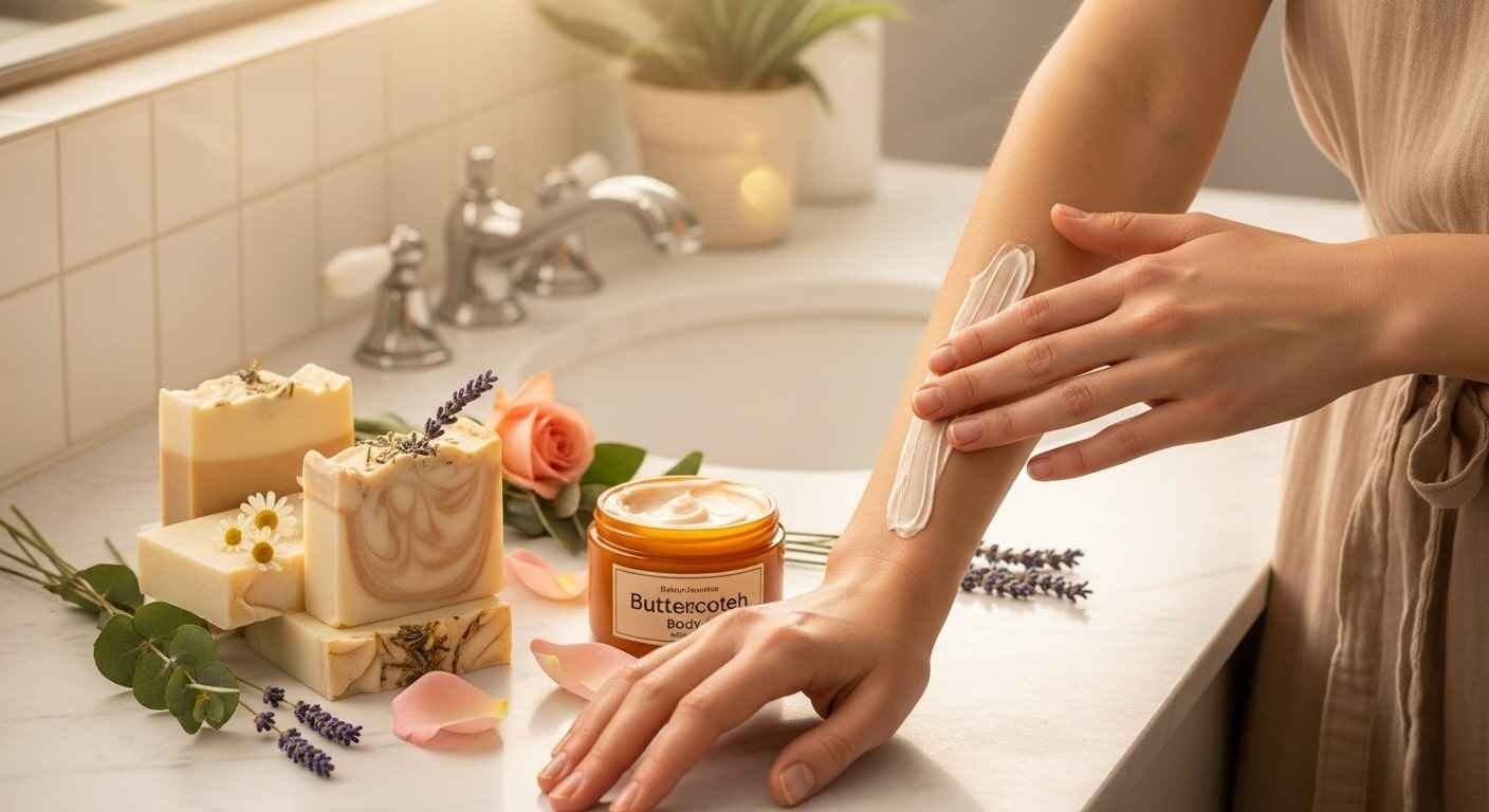 Woman applying luxurious butterscotch body cream to her arms in a sunlit bathroom, surrounded by natural handmade soap bars and botanical ingredients