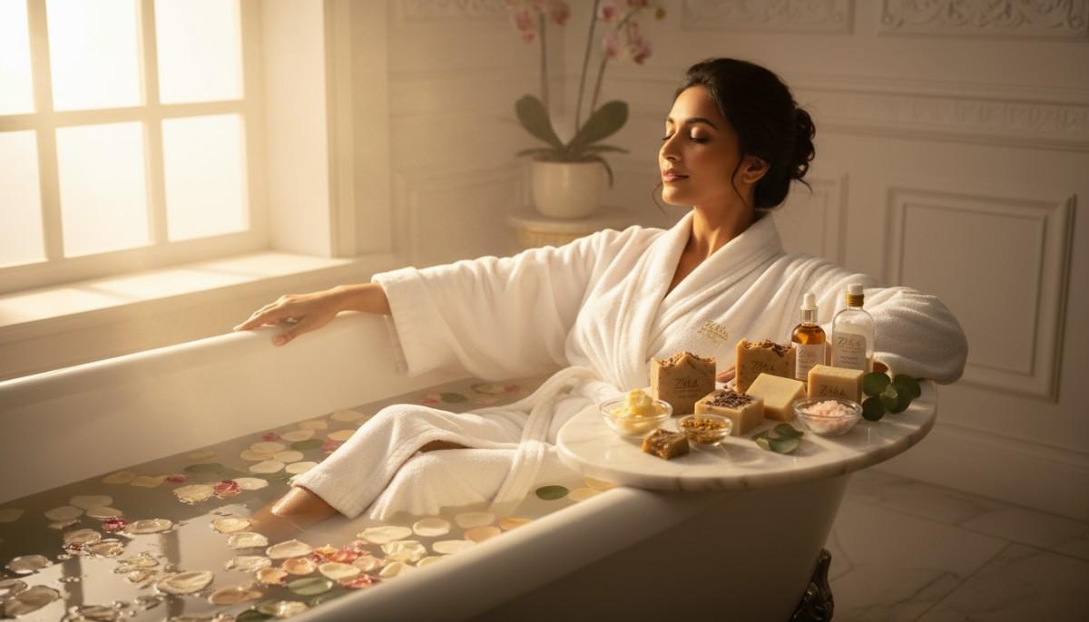 Indian woman enjoying luxurious bath surrounded by Zrika Bodycare handmade natural soaps and creams highlighting healthy glowing skin