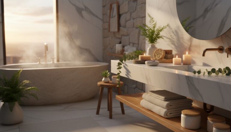 Luxury self-care setup with Zrika natural soaps and body creams creating calming spa-like atmosphere for daily wellness ritual