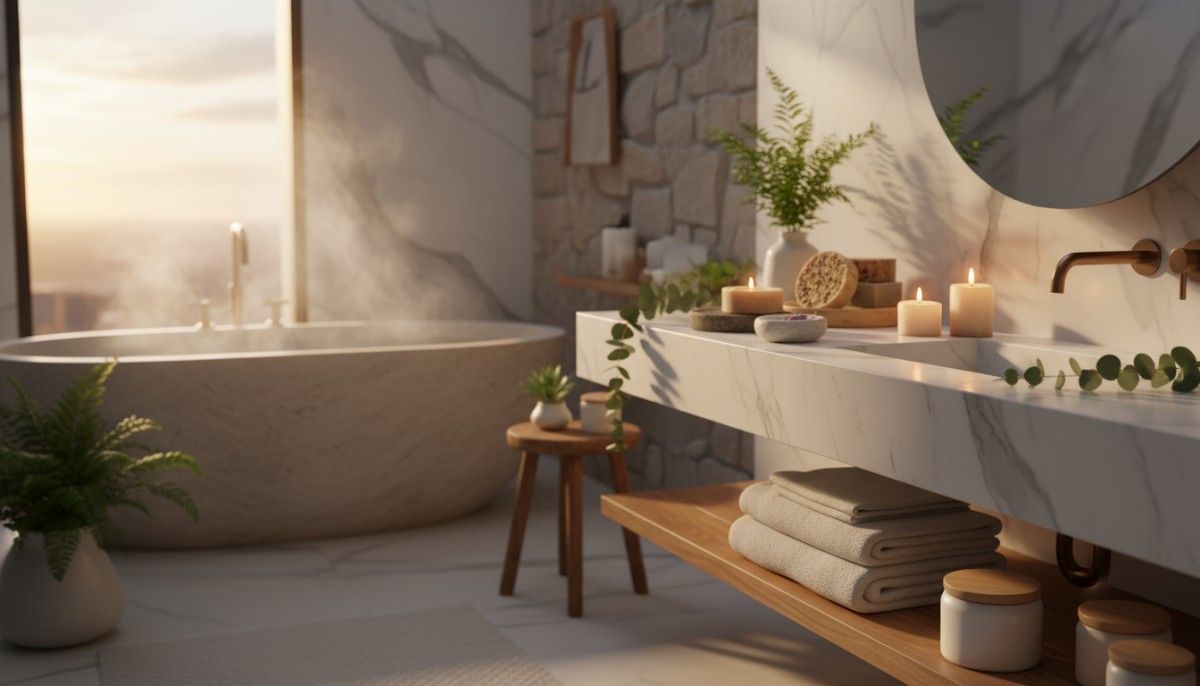 Luxury self-care setup with Zrika natural soaps and body creams creating calming spa-like atmosphere for daily wellness ritual