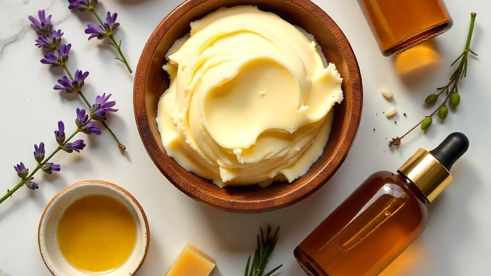 Premium natural ingredients used in luxury natural soaps for glowing skin including shea butter and essential oils