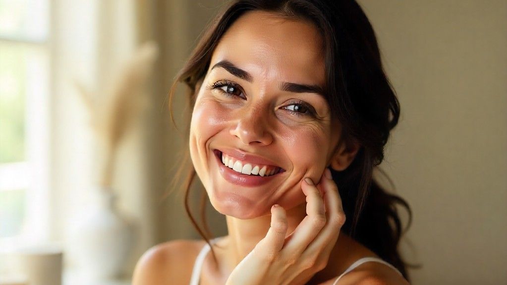 Woman with radiant glowing skin after using luxury natural soaps and body creams consistently