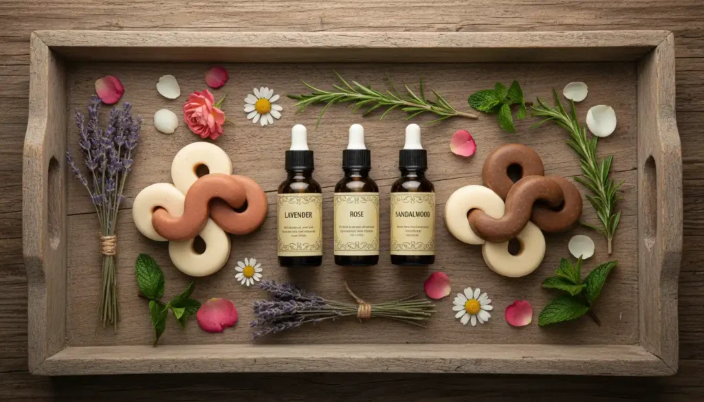 Flat lay of Zrika luxury natural soap bars with rose petals and essential oils on wooden tray showing natural aromatherapy skincare aesthetic