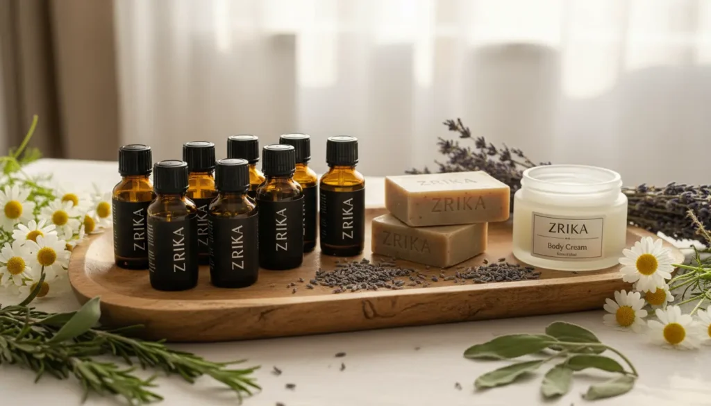 Aromatherapy setup with essential oils Zrika body cream and soap bars on wooden tray surrounded by flowers for mind-body beauty routines