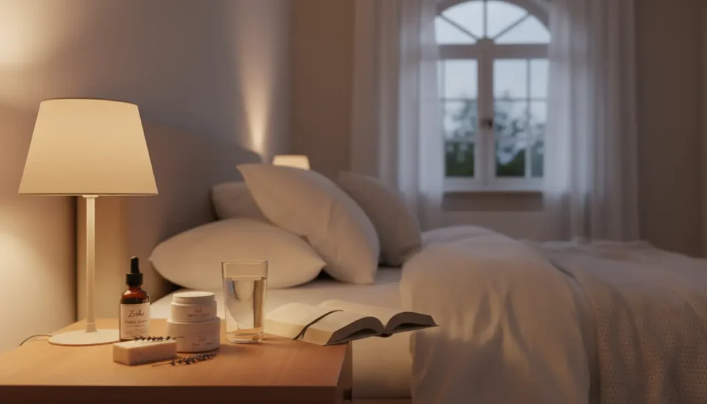 Soft-lit bedroom scene with Zrika body cream and natural soap on bedside table for calming evening ritual and better sleep
