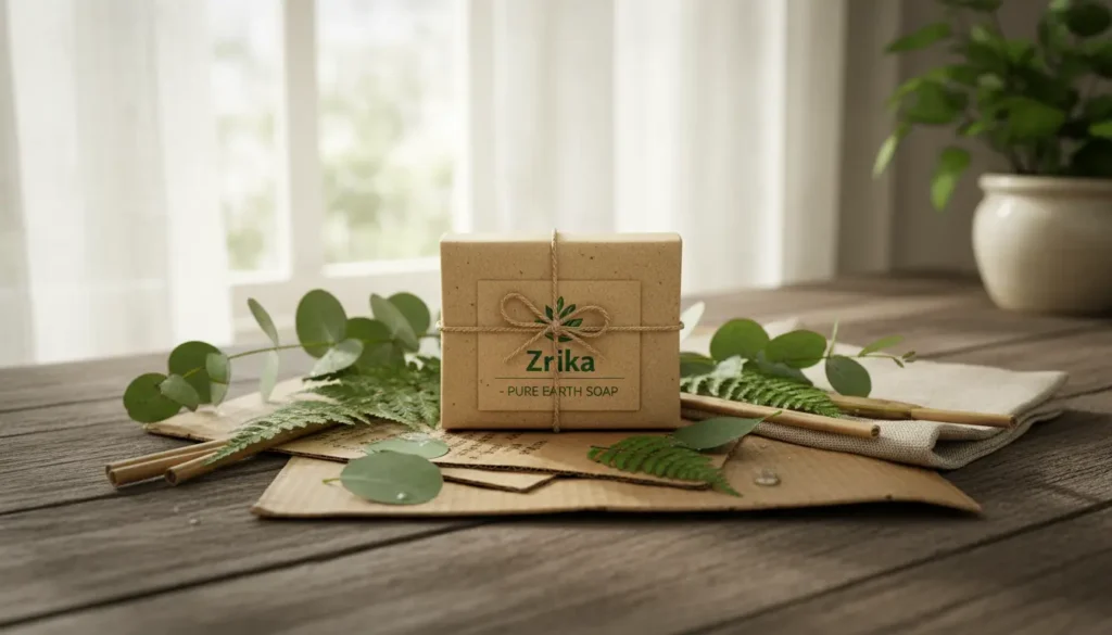 Zrika natural soap in eco-friendly recycled kraft paper packaging with green leaves showing sustainable luxury skincare design