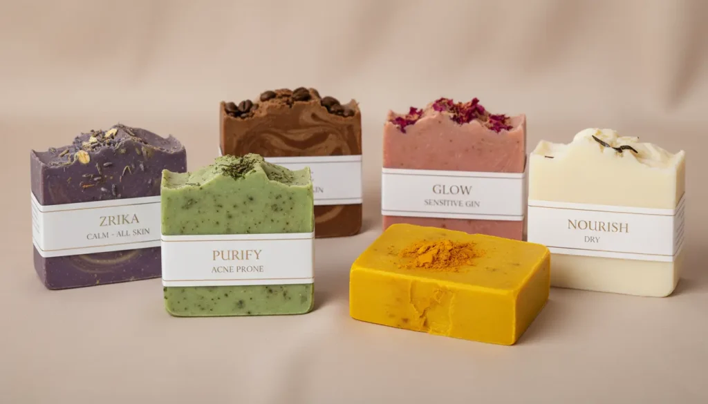 Assorted Zrika luxury natural soaps labeled for different skin types displayed elegantly showing handcrafted organic variety