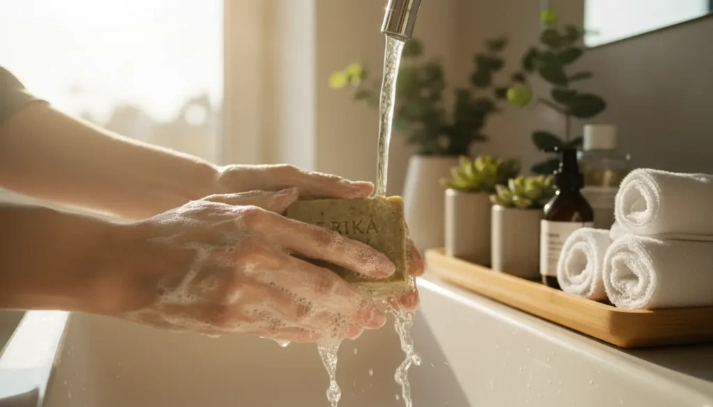 Hands using Zrika handmade soap with lather and fresh plants nearby, showcasing luxury natural soaps for daily self-care and natural ingredients for skincare