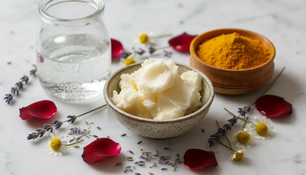 Close-up of natural plant ingredients like shea butter turmeric and coconut oil used in luxury herbal skincare remedies