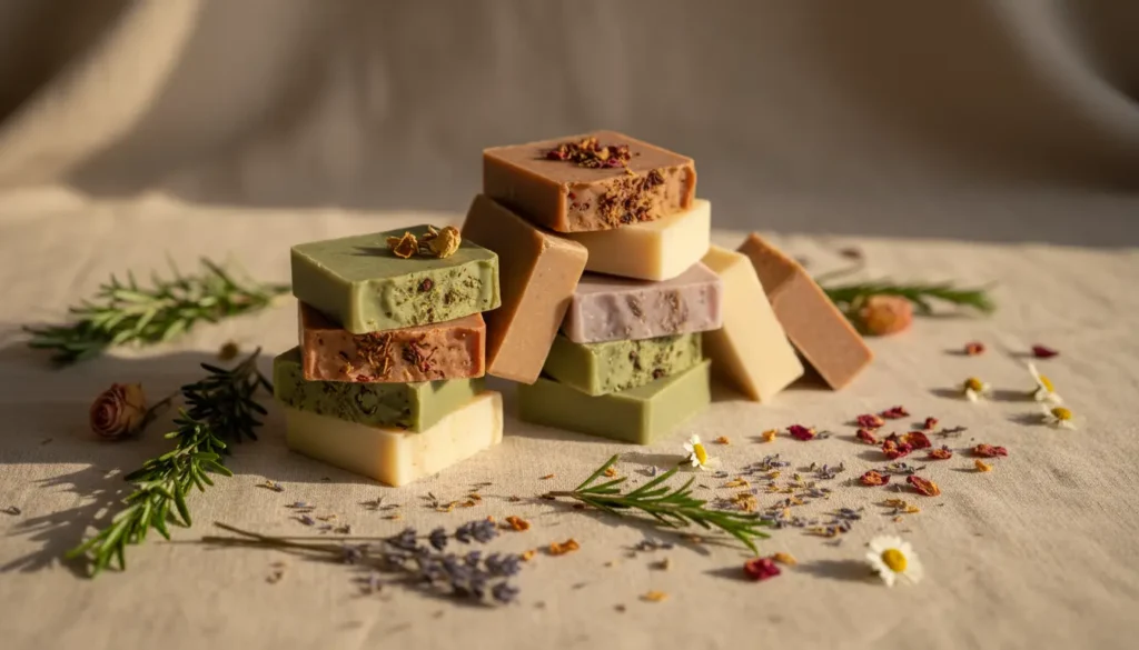 Handmade natural soap bars stacked elegantly with dried flowers and herbs for daily self-care and holistic beauty rituals