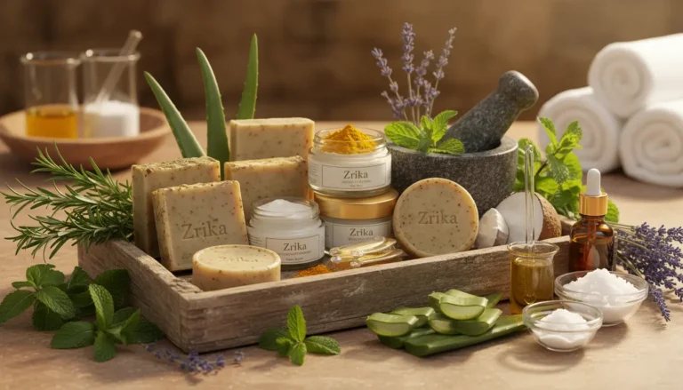 Spa-like setup showcasing Zrika luxury natural soaps for daily self-care with herbal beauty remedies and botanical ingredients